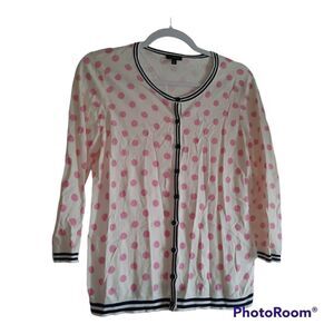 TALBOTS Cardigan Sweater Lightweight Pink White Polka Dot 3/4 Sleeves